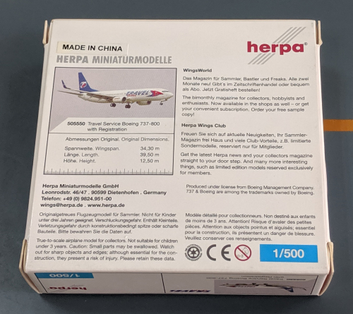 Travel Service Boeing 737-800 OK-TVB  505550 Herpa 1:500