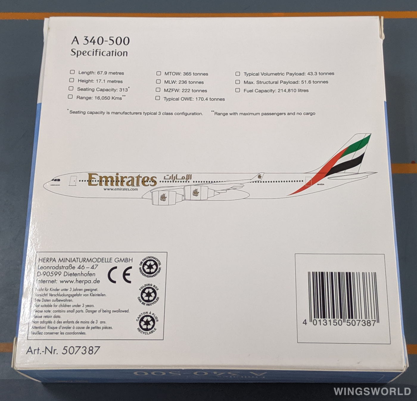 Herpa 1:500 507387 Emirates 阿联酋航空 Airbus A340-500 A6-ERA