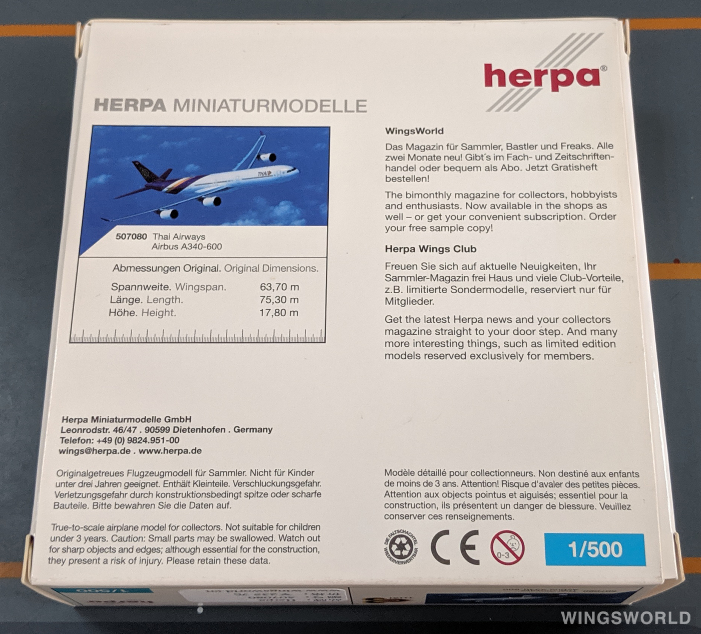 Herpa 1:500 507080 Thai Airways 泰国国际航空 Airbus A340-600 HS-TNA