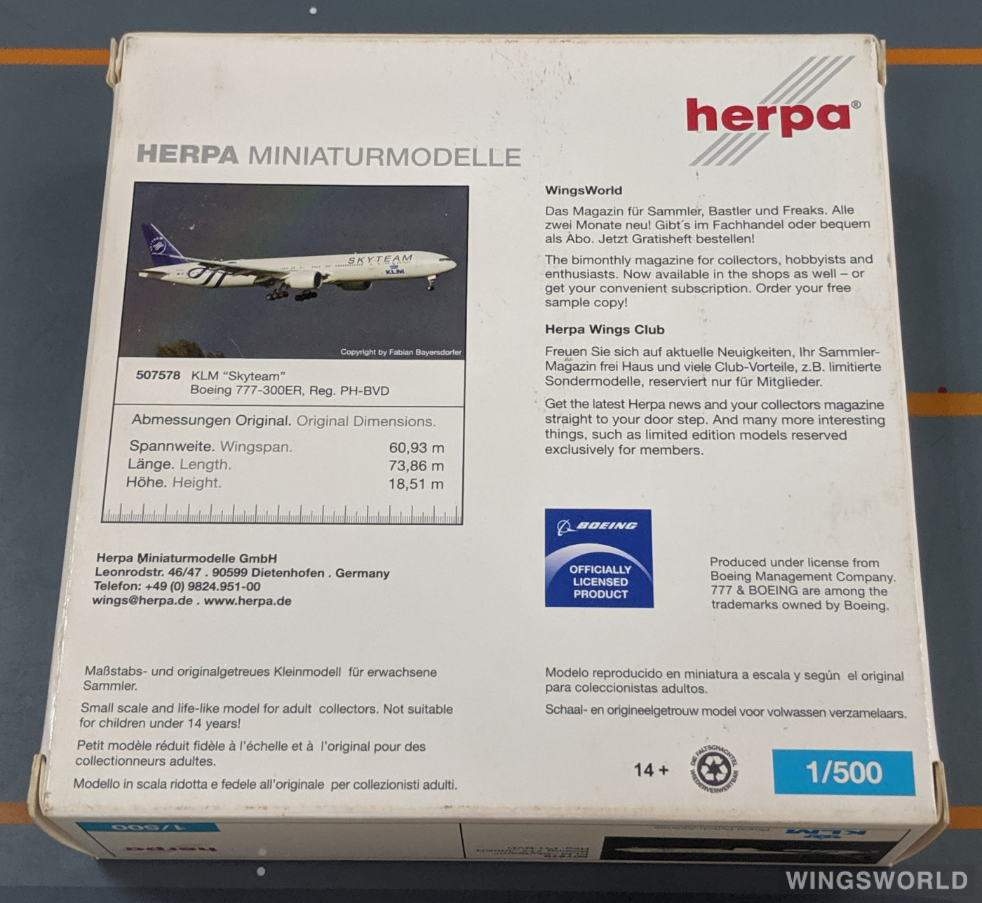 Herpa 1:500 507578 KLM 荷兰皇家航空 Boeing 777-300 PH-BVD