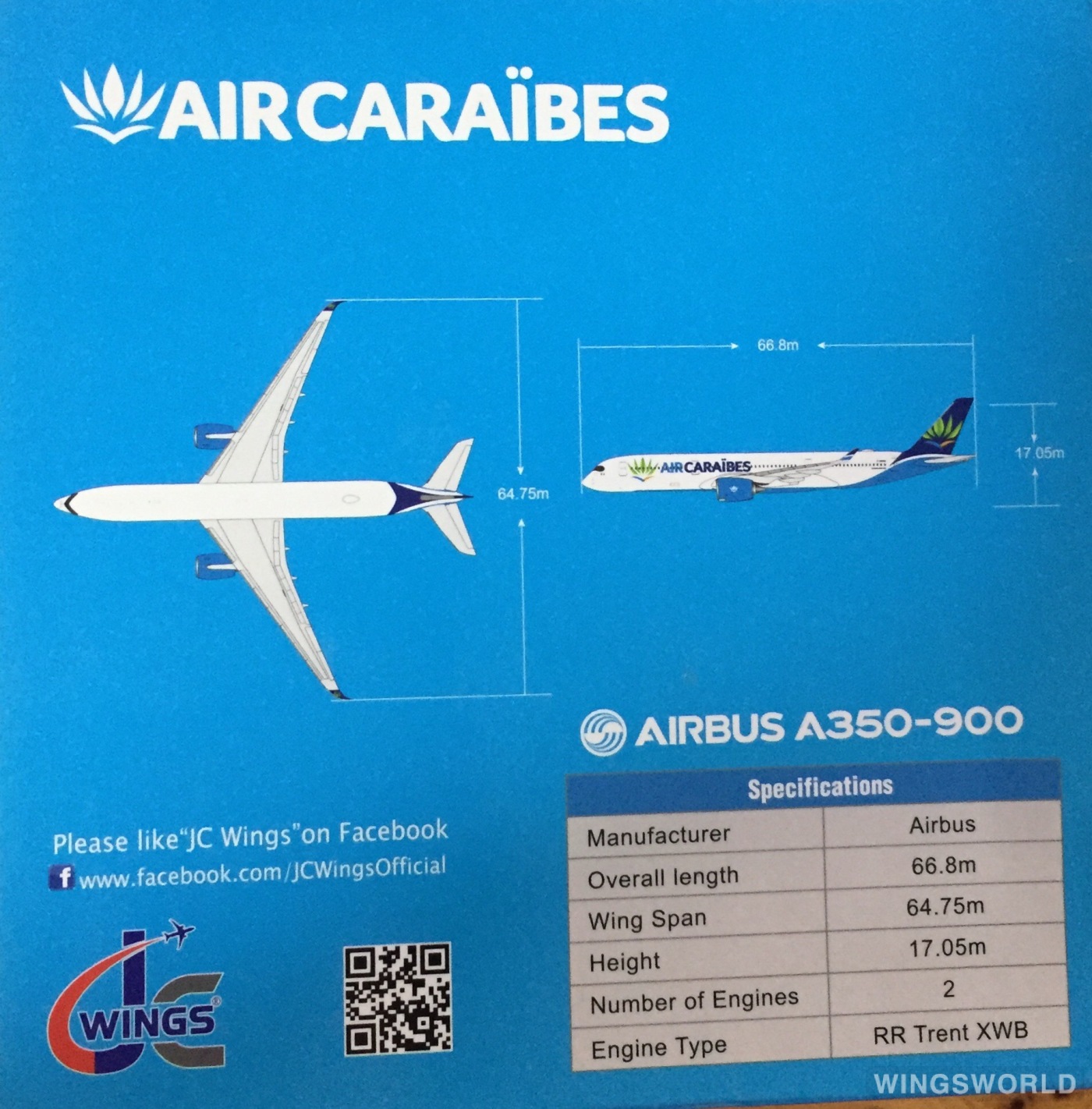 JC Wings 1:400 LH4044 Air Caraibes 加勒比航空 Airbus A350-900 F-HHAV