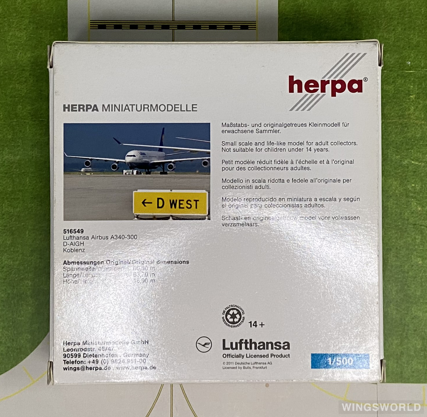 Herpa 1:500 516549 Lufthansa 汉莎航空 Airbus A340-300 D-AIGH