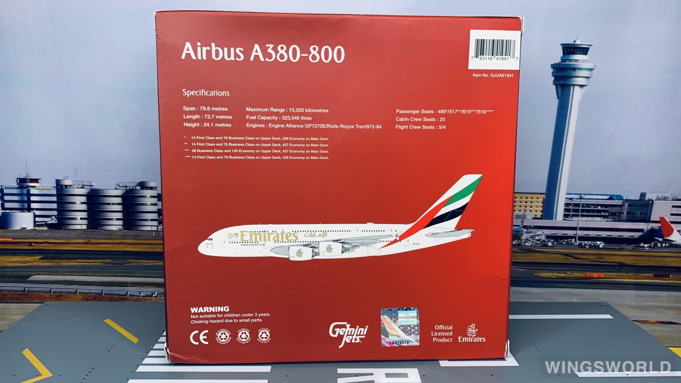 Geminijets 1:400 GJUAE1941 Emirates 阿联酋航空 Airbus A380-800 A6-EUD