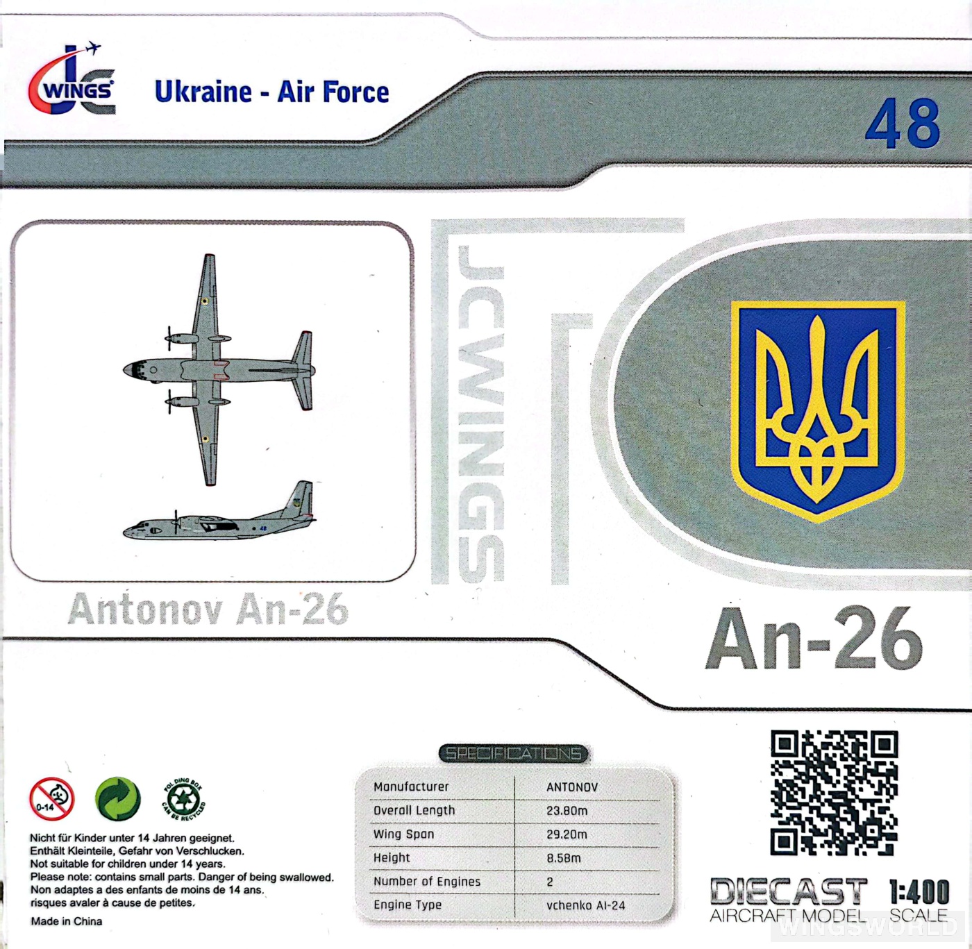 JC Wings 1:400 LH4326 Ukrainian Air Force 乌克兰空军 Antonov An-26 48