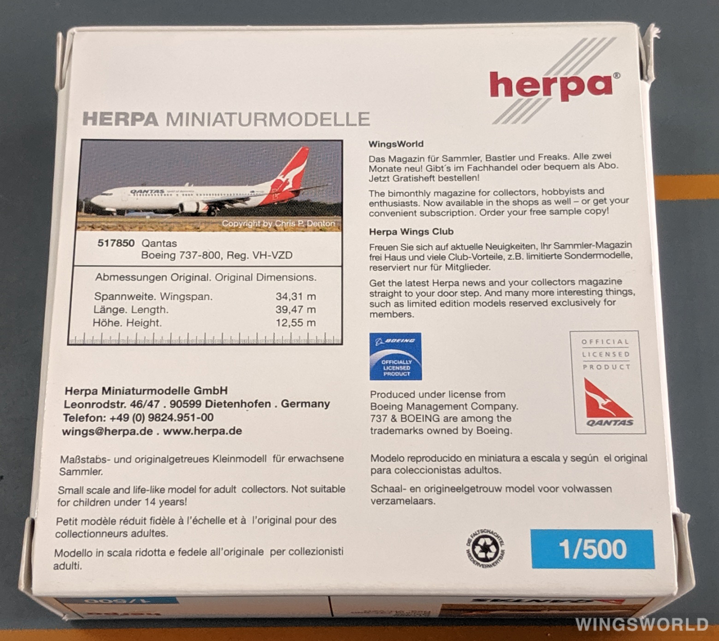 Herpa 1:500 517850 Qantas 澳洲航空 Boeing 737-800 VH-VZD